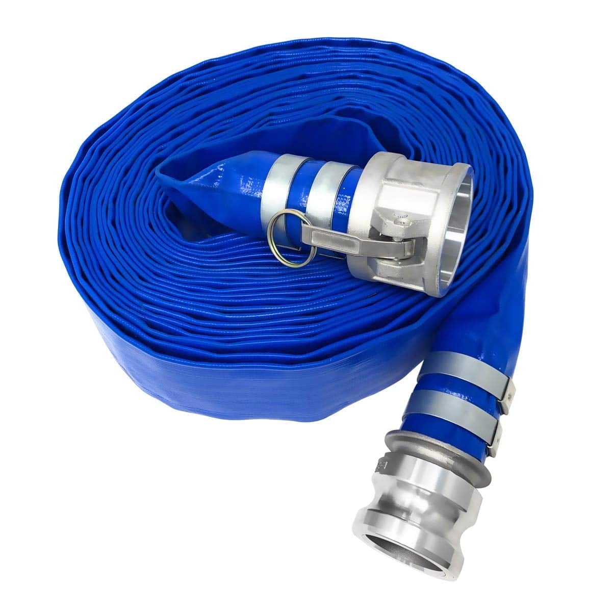 Gloxco 2" x 25′ Blue Lay Flat PVC Hose Assembly with Aluminum Cam and Groove C and E Fittings used with a Sump Pump or Water Transfer Pump for Water Discharge, Pool Drain or Backwash