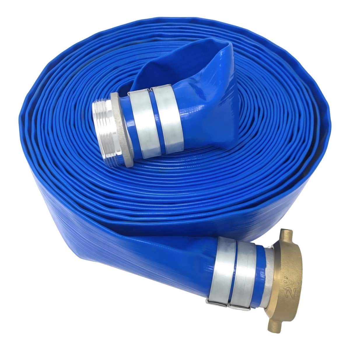 Gloxco 2" x 50′ Blue Lay Flat PVC Discharge Hose Assembly with Aluminum Pin Lug Fittings