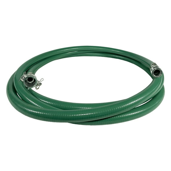 Gloxco Heavy Duty Green PVC Suction Hose Assembly for Water Transfer, 1-1/2" Inside Diameter, Installed Male x Female Cam and Groove Fittings, 30 ft Length
