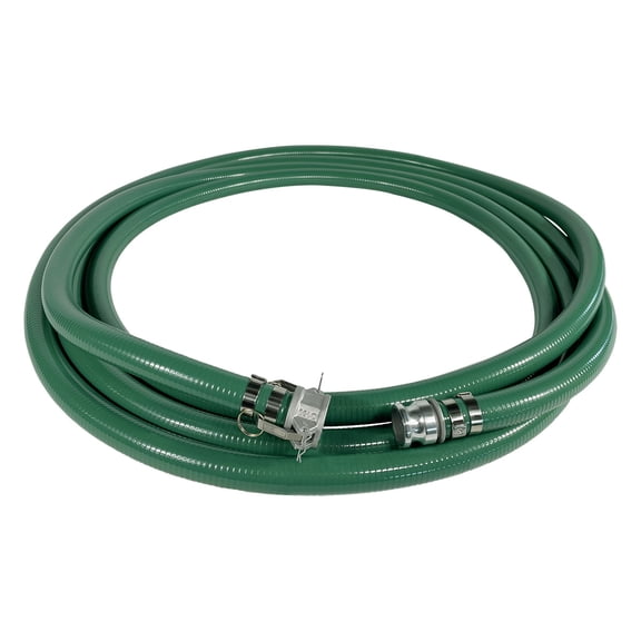 Gloxco Heavy Duty Green PVC Suction Hose Assembly for Water Transfer, 1-1/2" Inside Diameter, Installed Male x Female Cam and Groove Fittings, 40 ft Length