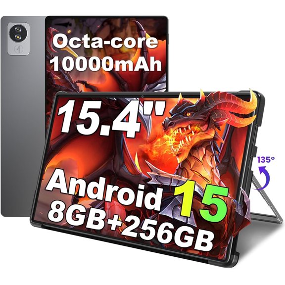 Golzer 15.4 inch Large Tablet, Android 15 Tablet 8GB RAM 256GB ROM, 8-Core G99 (Up to 2.2GHz), 1080P IPS FHD Display, 10000mAh 38W Fast Charging, 13MP+5MP Dual Camera, with Screen Protector & Stand