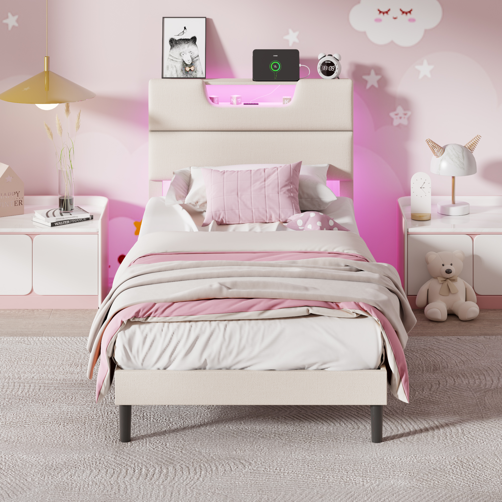 Glozzt Beige Fine Linen Fabric Bed Frame with Upholstered Headboard & Charge Station, Twin Size Bed Frame with LED Lights, No Box Spring Needed
