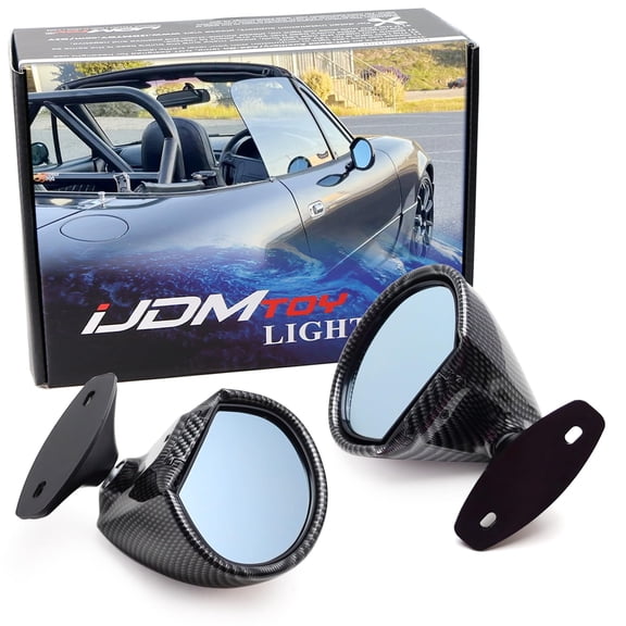 Glsos Black Carbon Fiber Pattern Retro Rally Motorsport Style Blue Glass Door Wing Rear View Side Mirrors For Mazda Miata MX5, Also Universal Fit JDM Sports or Street Cars