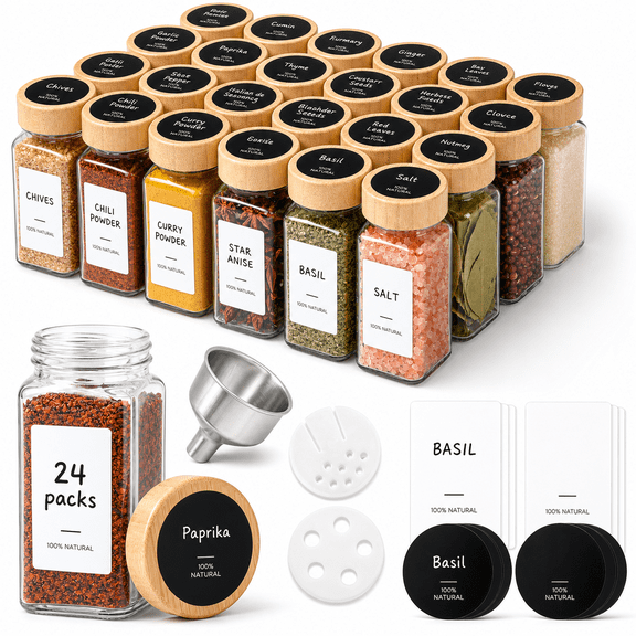 Glspice Jars With Labels 4 Oz 24 Pack Lids Bulk Set | Empty Containers Seasoning Powder Salt Pepper Chili Rack Organization Kitchen Cabinet Storfunnel Included