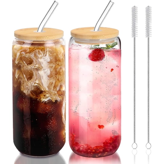 Glss Cups with Lids nd Strws Set of 2 - Iced Coffee for Cold Brew Beer, 20 oz Cn Shped Bmboo esthetic Br Gift Lovers