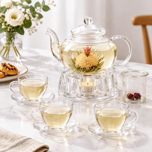 Glteapot Set 34oz/1000ml Tea Kettle With Loose Infuser & Warmer 5oz/150ml Cup Saucer Of 4 Stovetopwave Safe Maker Blooming Gift F