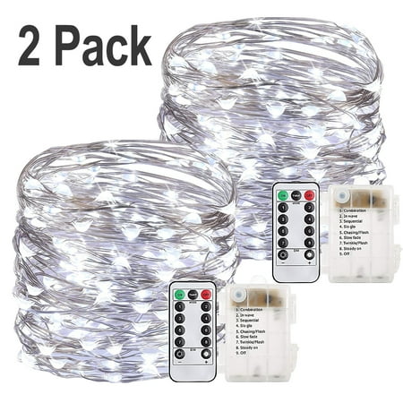 Gluaae LED Fairy Lights Battery Operated - 33Ft 100 LED Copper Wire String Lights with Remote Timer 8 Modes | Twinkle Lights for Christmas Wedding Party Patio Garden Decorations (2 Pack, Cool White)