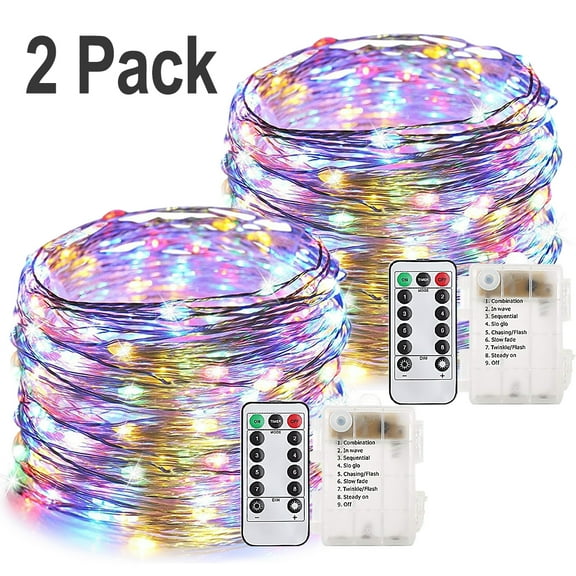 Gluaae LED Fairy Lights Battery Operated - 33Ft 100 LED Copper Wire String Lights with Remote Timer 8 Modes | Twinkle Lights for Christmas Wedding Party Patio Garden Decorations (2 Pack, Multicolor)