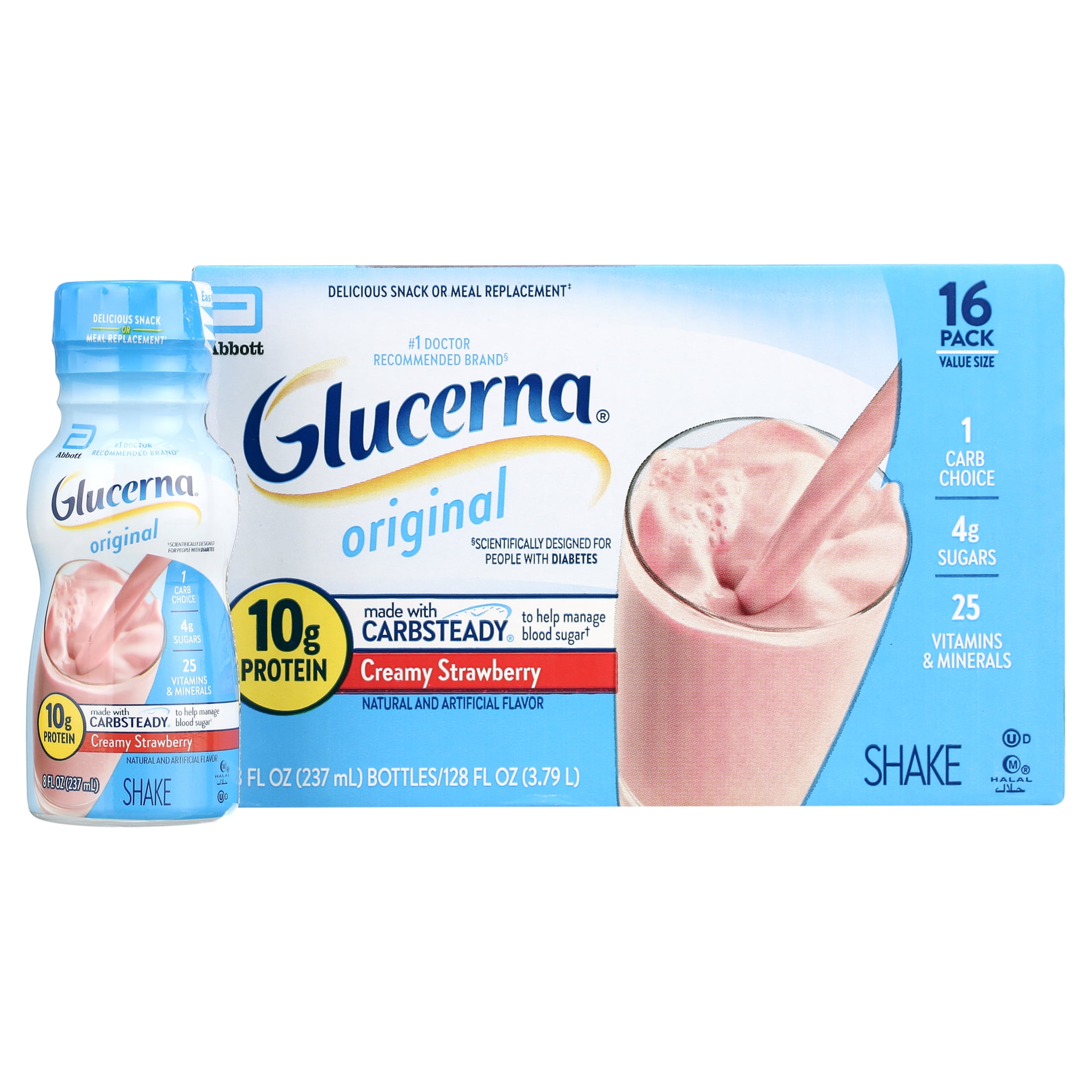 Glucerna Original Diabetic Protein Shake, Creamy Strawberry, 8 fl oz Bottle, 16 Count