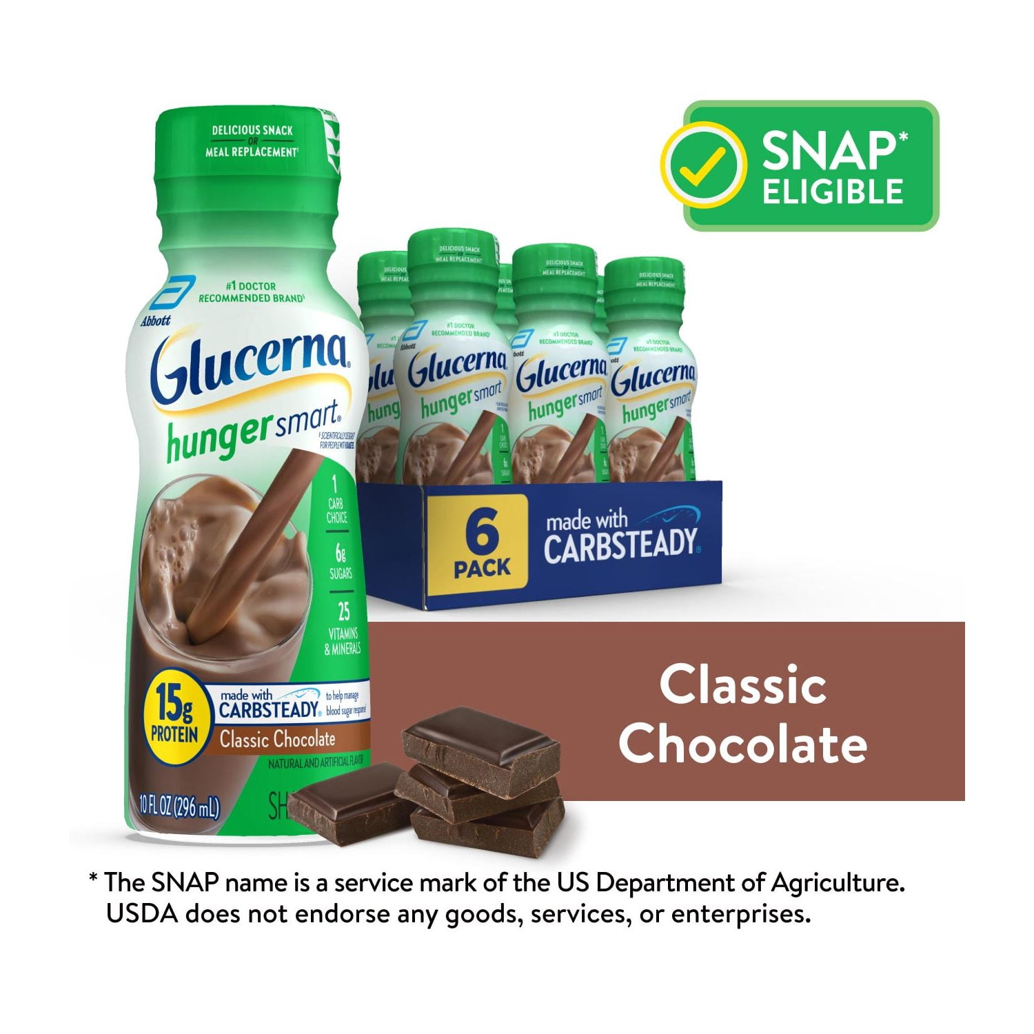 Glucerna Hunger Smart Diabetic Protein Shake, Classic Chocolate, 10-fl-oz Bottle, 6 Count