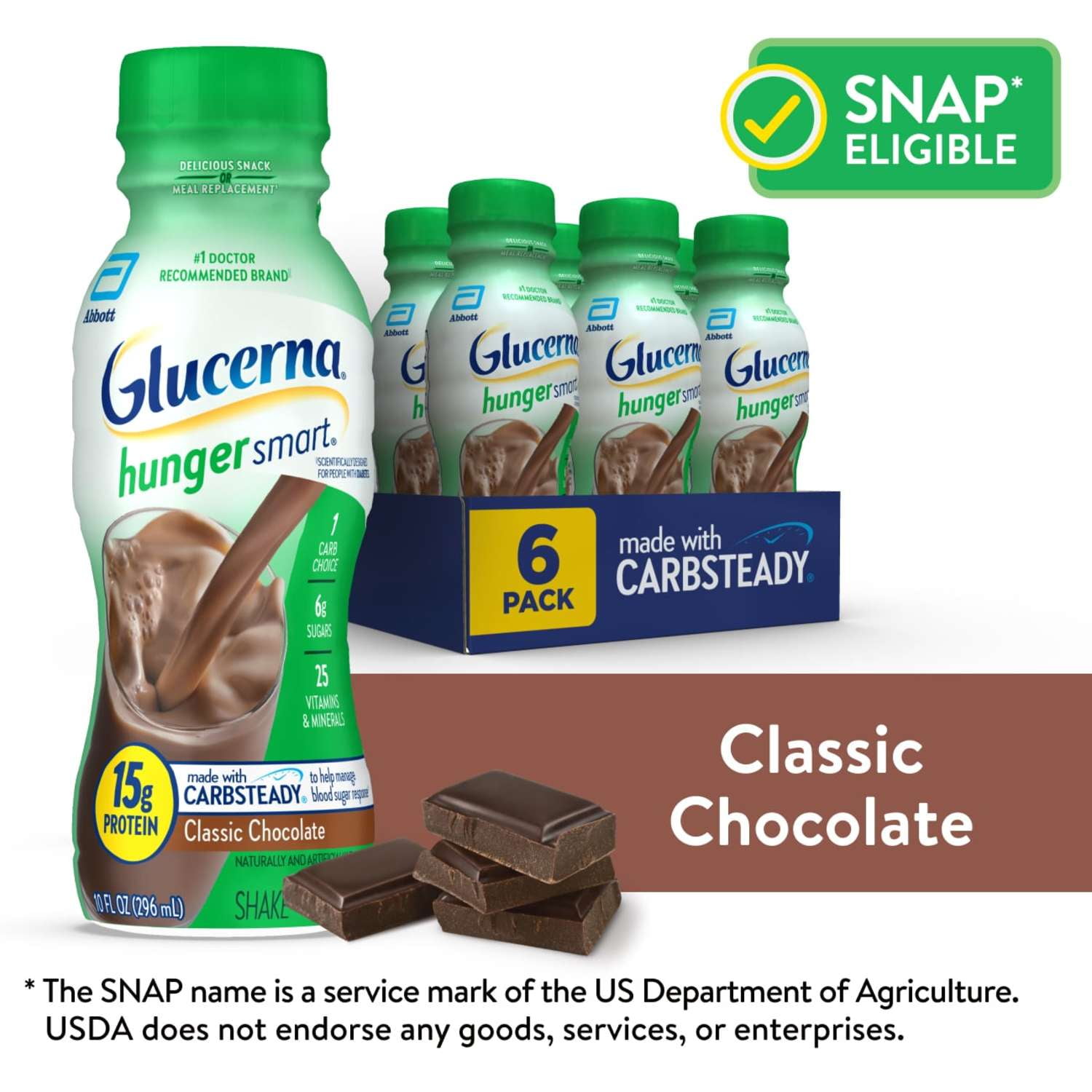 Glucerna Hunger Smart Diabetic Protein Shake, Classic Chocolate, 10-fl-oz Bottle, 6 Count