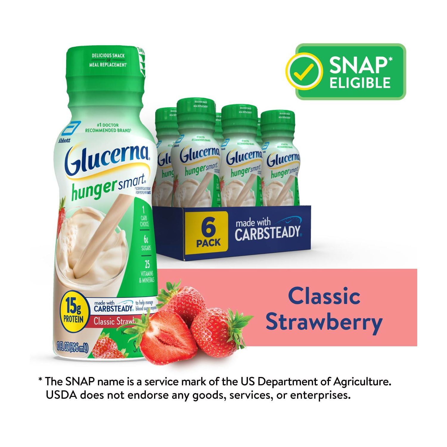 Glucerna Hunger Smart Diabetic Protein Shake, Classic Strawberry, 10-fl-oz Bottle, 6 Count