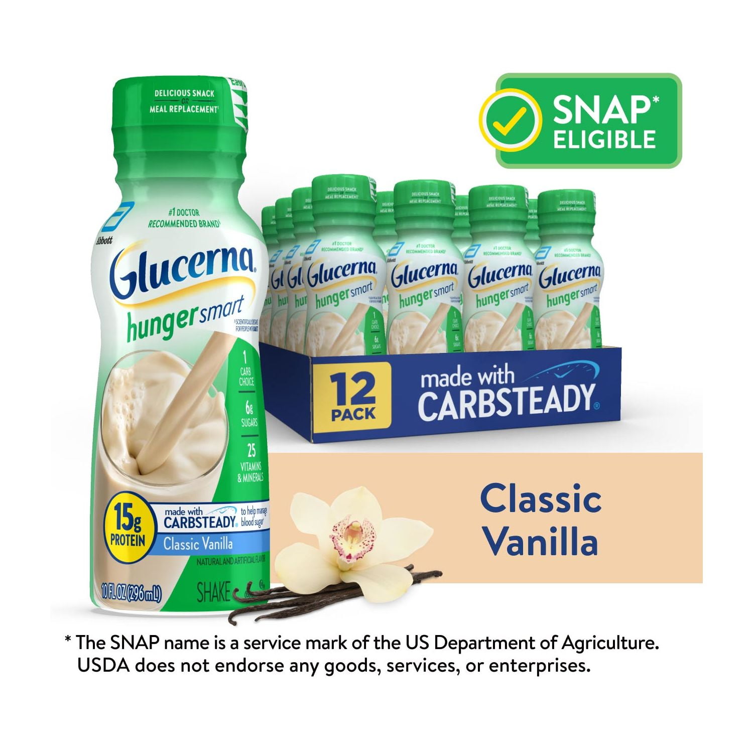 Glucerna Hunger Smart Diabetic Protein Shake, Classic Vanilla, 10-fl-oz Bottle, 12 Count