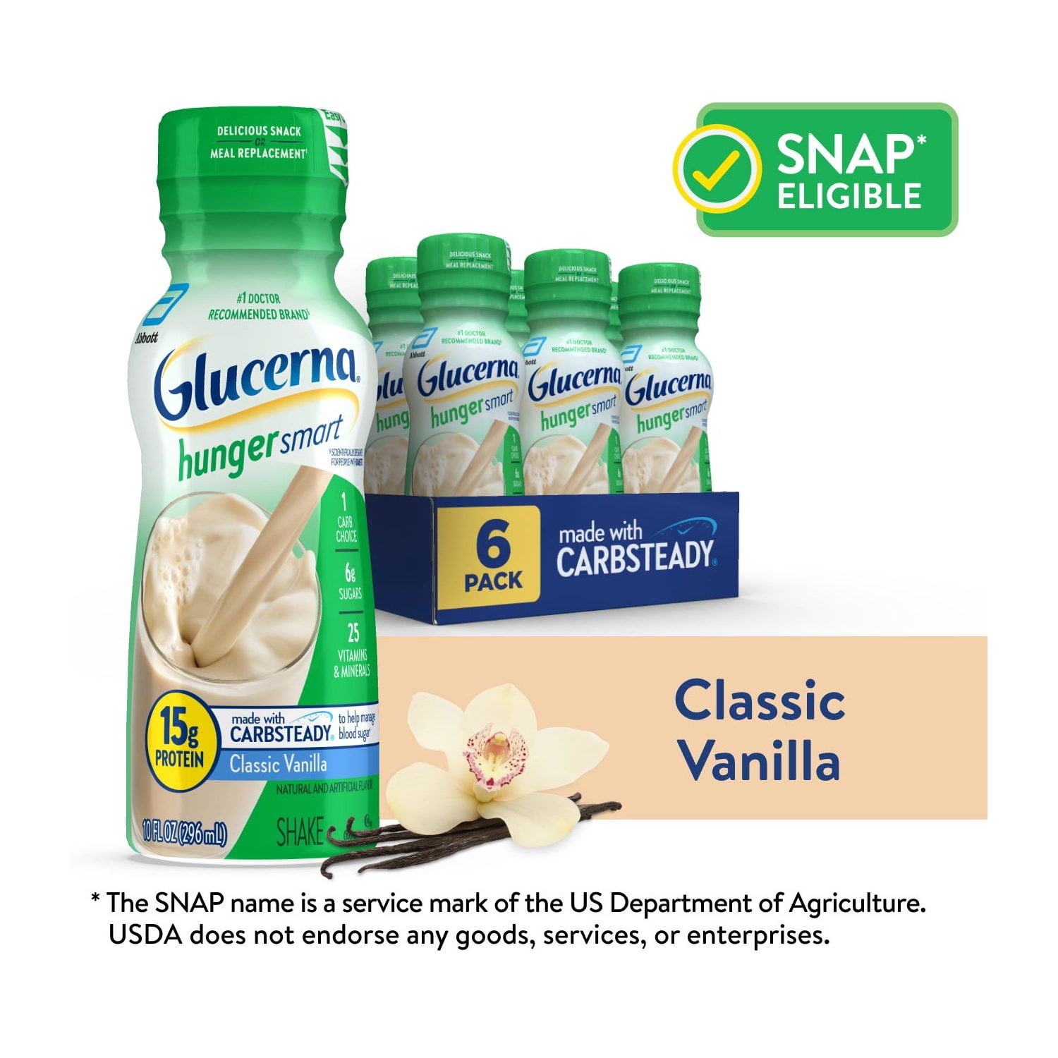 Glucerna Hunger Smart Diabetic Protein Shake, Classic Vanilla, 10-fl-oz Bottle, 6 Count