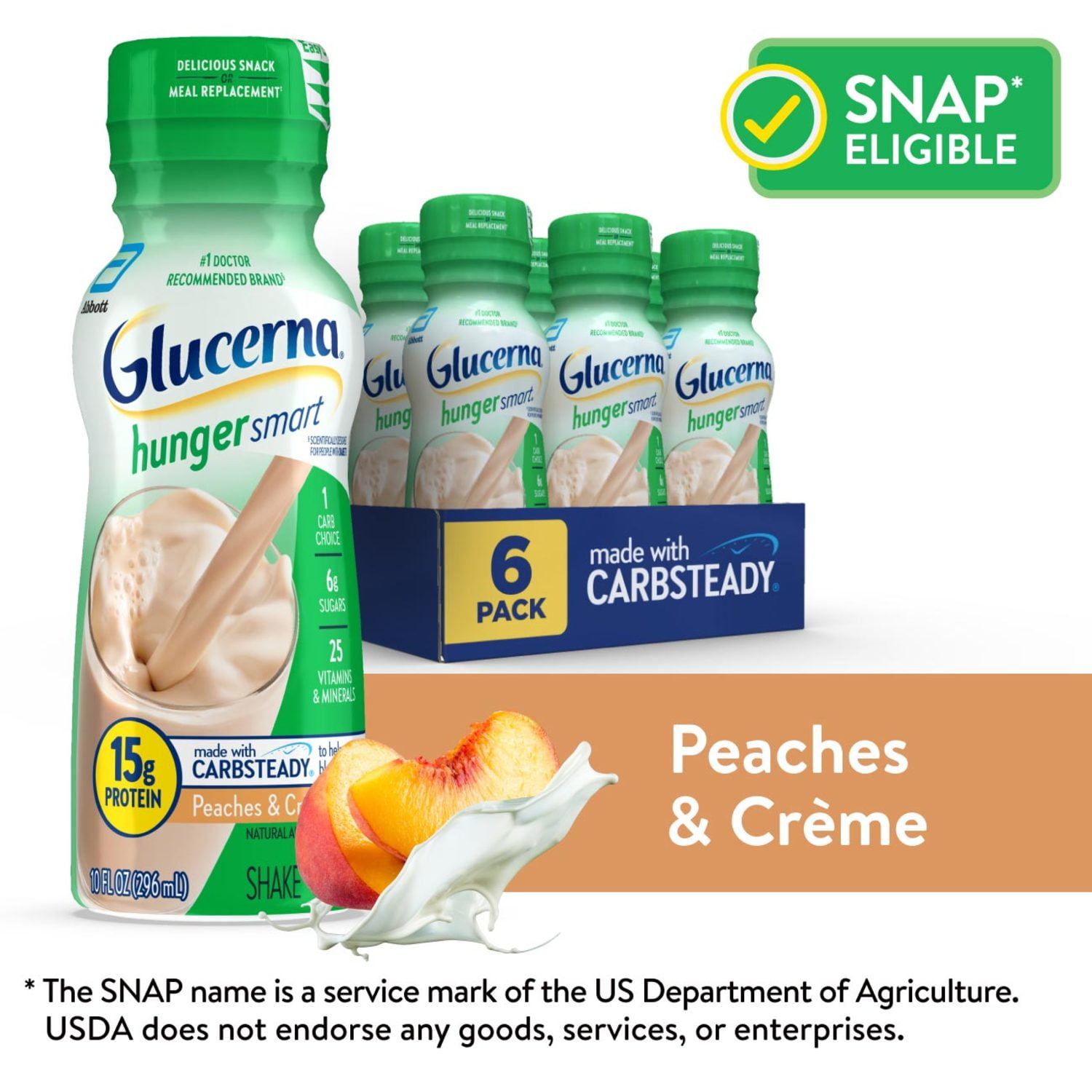 Glucerna Hunger Smart Diabetic Protein Shake, Peaches & Crme, 10-fl-oz Bottle, 6 Count