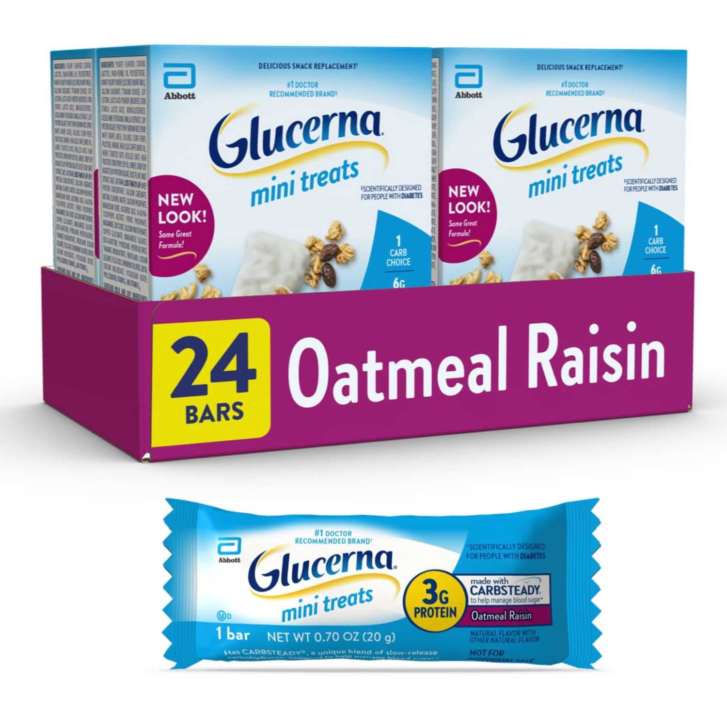 Glucerna Mini Treats Diabetic Snack, Oatmeal Raisin, 6-Bar Pack, 24 Count