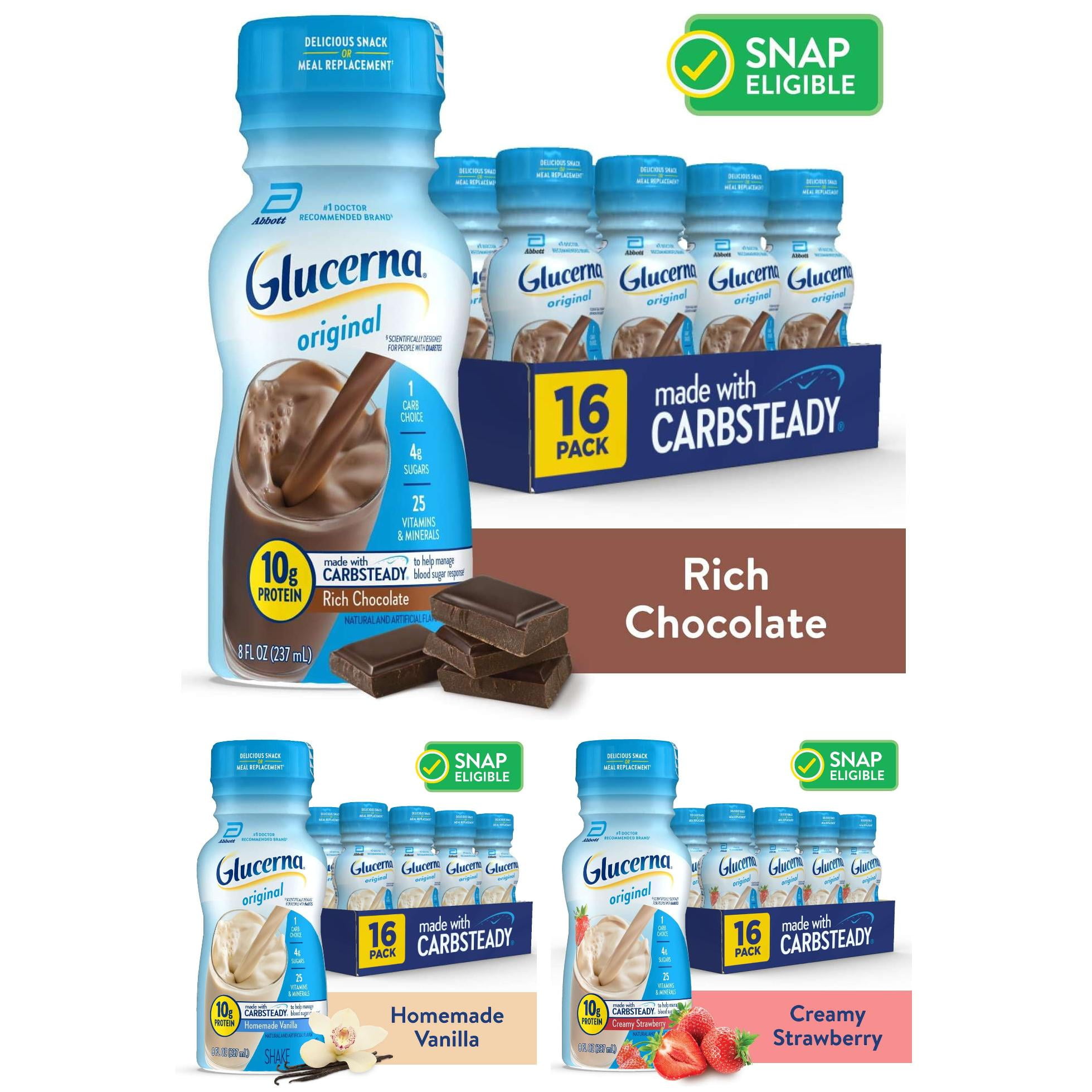 Glucerna Original Diabetic Protein Shake 48Ct Variety Pack (16 Chocolate, 16 Strawberry, & 16 Vanilla)