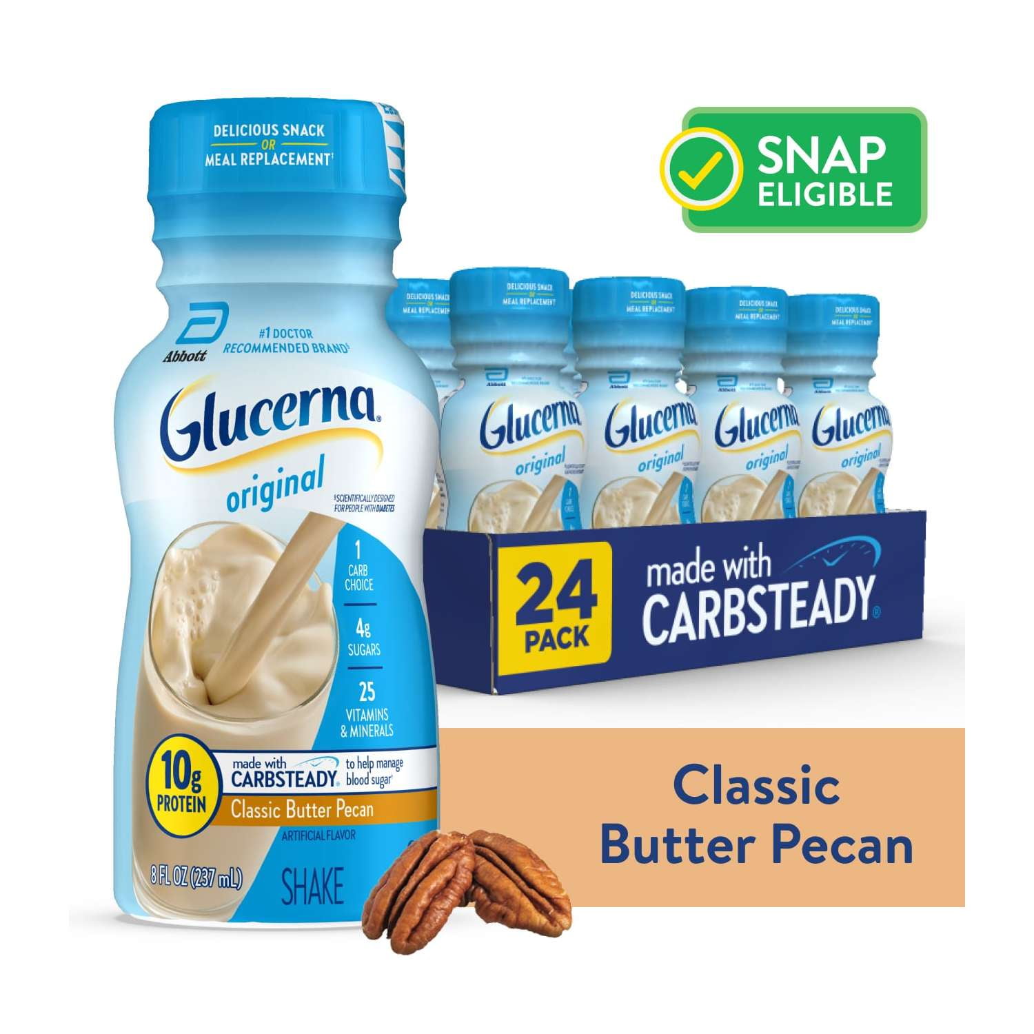 Glucerna Original Diabetic Protein Shake, Classic Butter Pecan, 8 fl oz Bottle, 24 Count