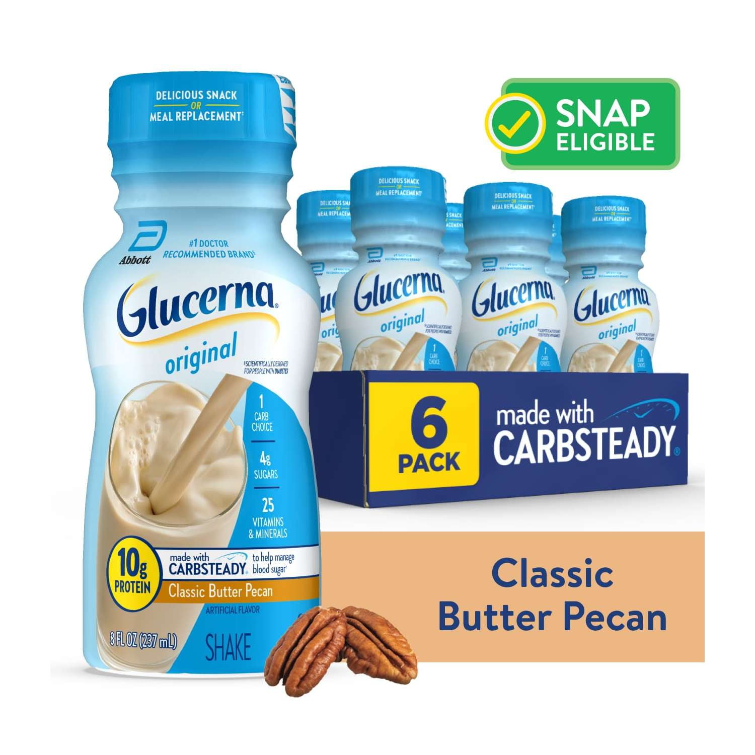 Glucerna Original Diabetic Protein Shake, Classic Butter Pecan, 8 fl oz Bottle, 6 Count