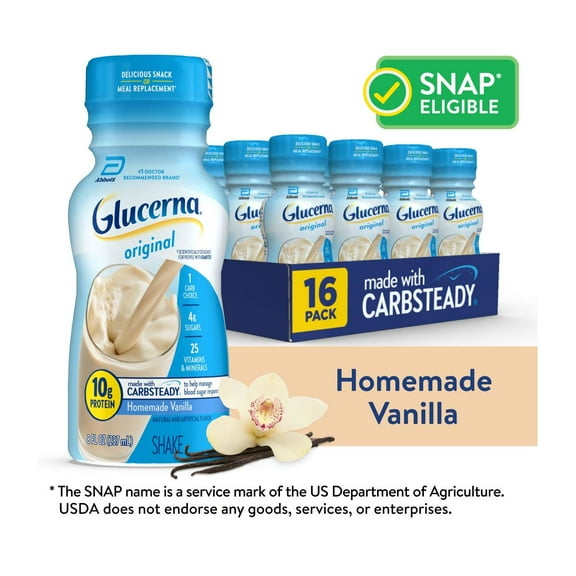 Glucerna Original Diabetic Protein Shake, Homemade Vanilla, 8 fl oz Bottle, 16 Count