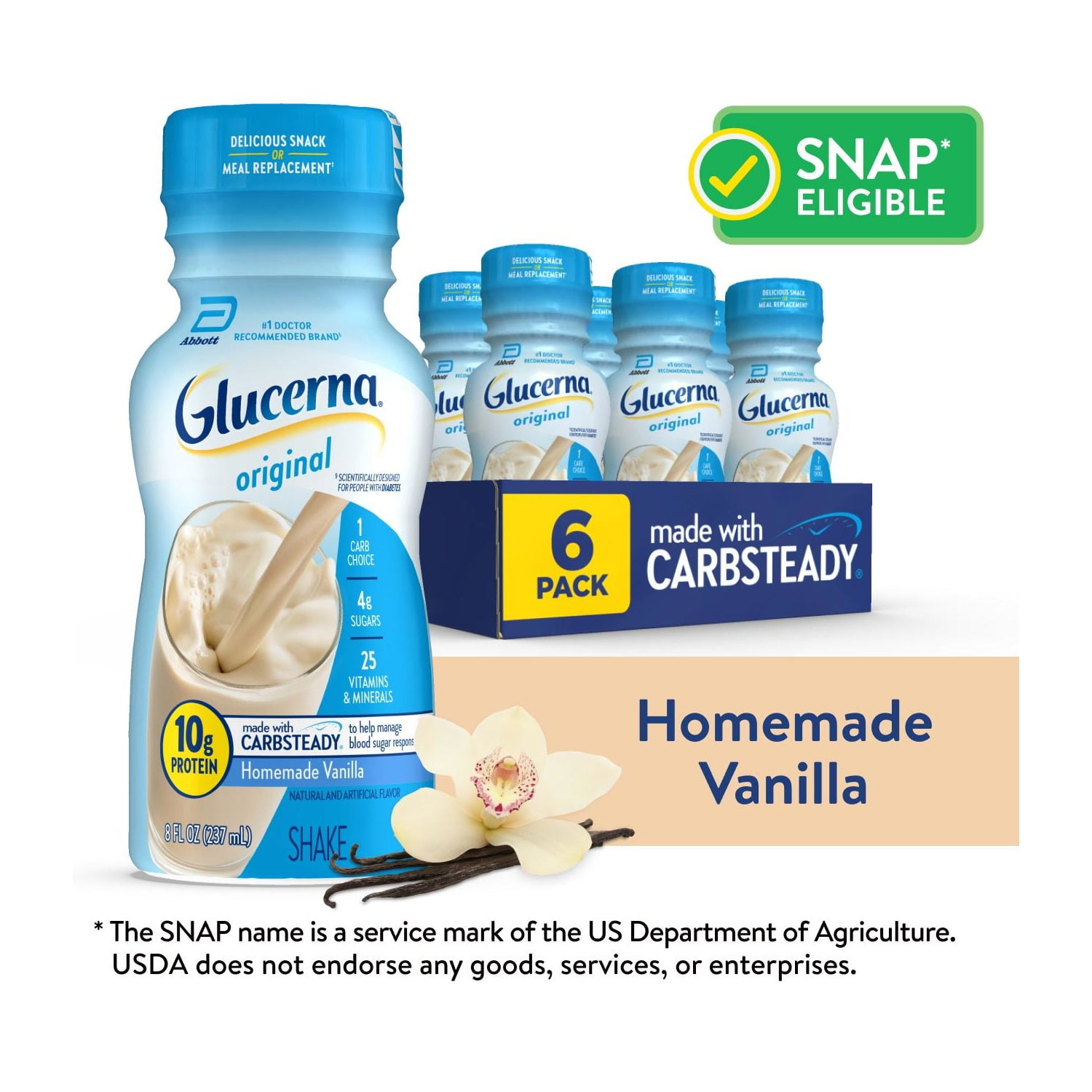 Glucerna Original Diabetic Protein Shake, Homemade Vanilla, 8 fl oz Bottle, 6 Count