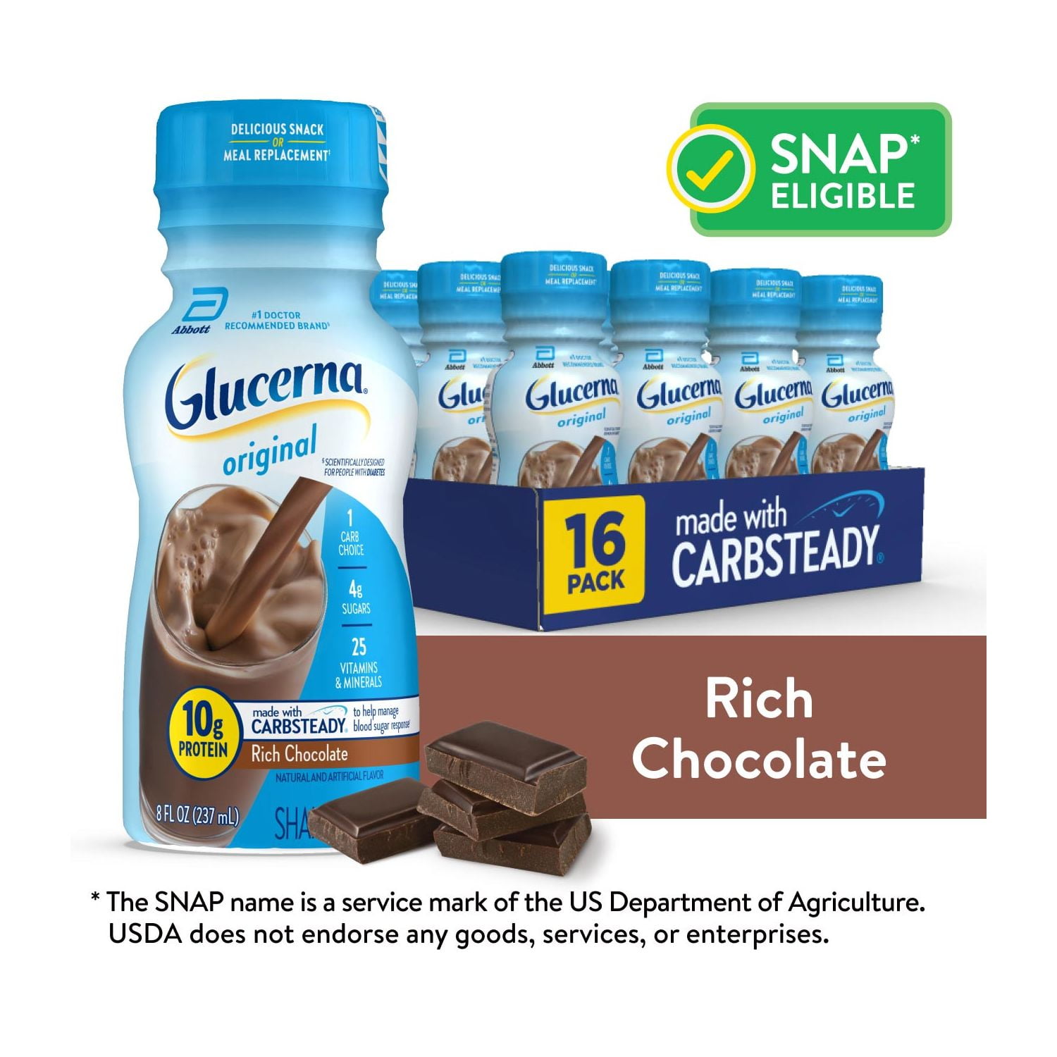 Glucerna Original Diabetic Protein Shake, Rich Chocolate, 8 fl oz Bottle, 16 Count