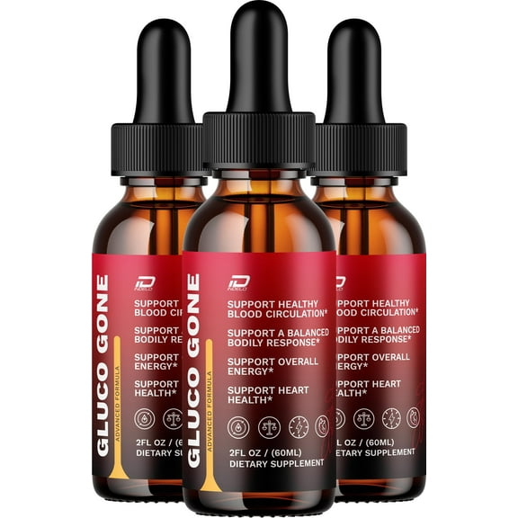 Gluco Gone Liquid Drops GlucoGone Drops Extra Strength All Natural Healthy Organic Support, 3 Pack, 3 Month Supply