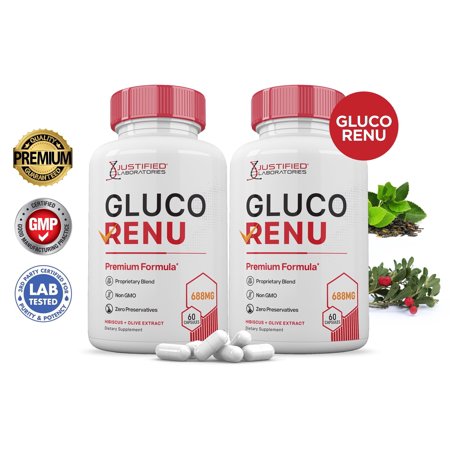 (2 Pack) Gluco Renu 688MG Glucorenu Glyco Support Pills Premium Formula Gluo Renew Glycogen Support Formulated Hawthorne Hibiscus Garlic Juniper Powder Olive Forskolin Green Tea Extract 120 Capsules