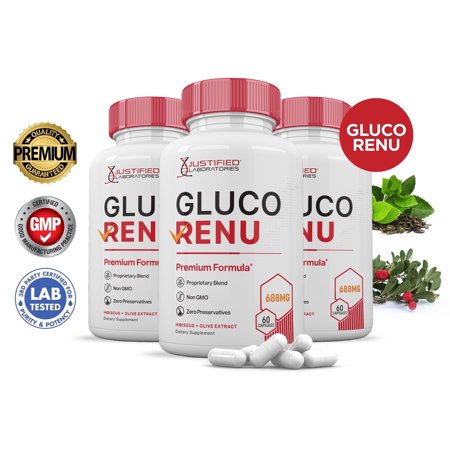 (3 Pack) Gluco Renu 688MG Glucorenu Glyco Support Pills Premium Formula Gluo Renew Glycogen Support Formulated Hawthorne Hibiscus Garlic Juniper Powder Olive Forskolin Green Tea Extract 180 Capsules