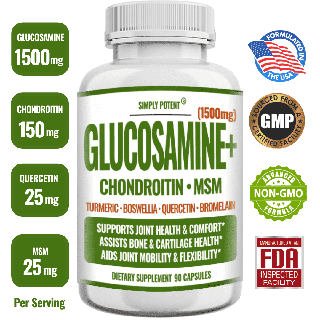 Simply Potent Glucosamine with Chondroitin, Turmeric, MSM & Boswellia, Supports Joint Health & Discomfort Relief, Assists Bone and Cartilage Health, Supplement for Back, Knees, Hands, 90 Capsules