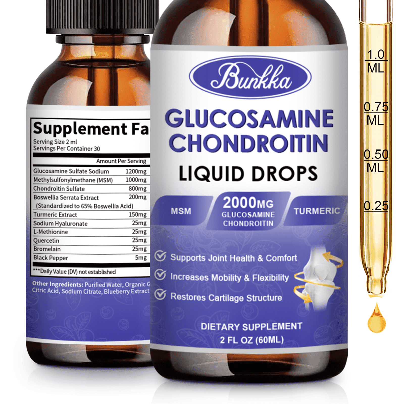 Bunkka Glucosamine Chondroitin Liquid Drops, 2000mg, Turmeric MSM  Boswellia, Joint Support Supplement, 2FL Oz, 60ml - Walmart.com