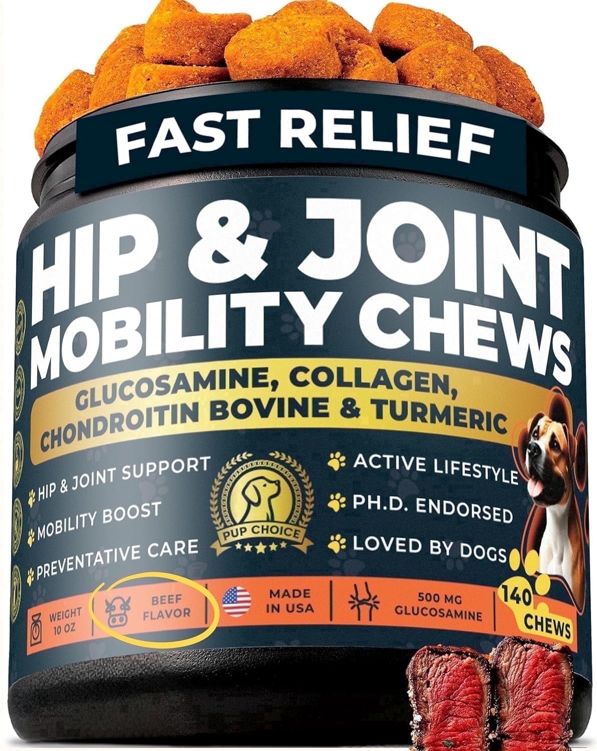 Pup Choice Hip & Joint Glucosamine Chews for Dogs with Chondroitin, Collagen & Turmeric – Mobility & Joint Support, Beef Flavor Soft Chews, 140 Count