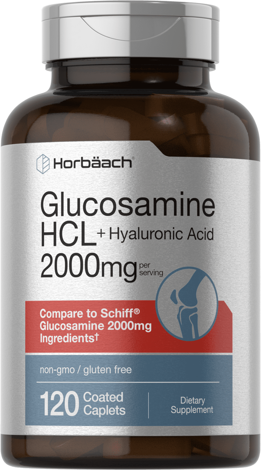 Glucosamine HCL | With Hyaluronic Acid | 2000mg | 120 Coated Caplets | Non-GMO & Gluten Free Supplement | by Horbach