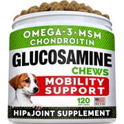 Glucosamine Treats for Dogs - Joint Supplement w/Omega-3 Fish Oil for Dogs - Chondroitin, MSM - Advanced Mobility Chews - Joint Pain Relief - Hip & Joint Care - Chicken Flavor - 120 Ct - Made in USA