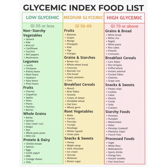 Glucose Index Food List Poster Low GI Food Chart Diabetes Diet Plan Glucose Management Poster Healthy Carbohydrate Guide Poster