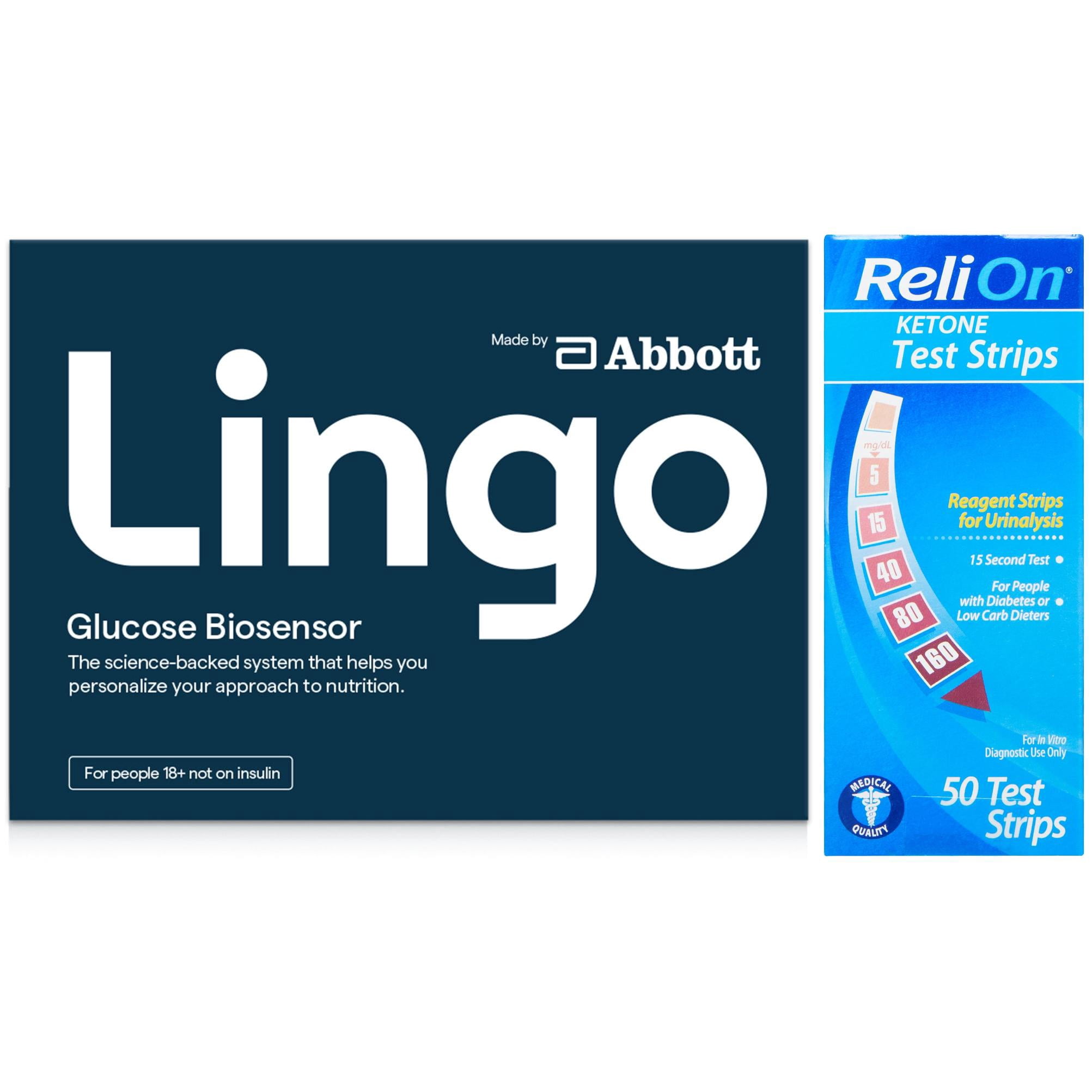 Glucose and Ketone Testing Bundle, Abbott Lingo Continuous Glucose Monitor (CGM), ReliOn Ketone Test Strips 50ct