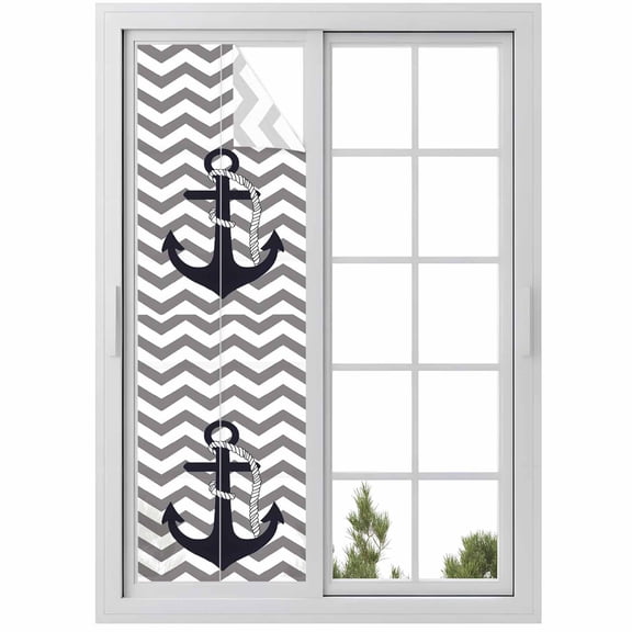 No Glue Heat Blocking Window Flims, Black Nautical Anchor Window Privacy Film Frosted, Gray Stripe Modern Wavy Lines Peep-proof Door Windows Tint for Bathroom, Dormitory, 17.7 x 78.7 Inches