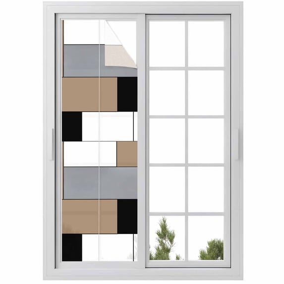 No Glue Heat Blocking Window Flims, Brown Grey Geometric Window Privacy Film Frosted, Modern Black White Abstract Art Peep-proof Door Windows Tint for Bathroom, Dormitory, 17.7 x 78.7 Inches
