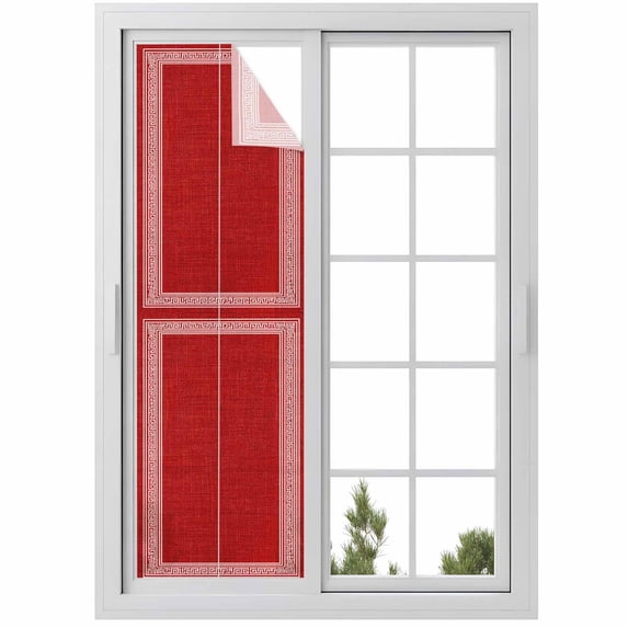 No Glue Heat Blocking Window Flims, Red Geometric Window Privacy Film Frosted, White Greek Key Design Burlap Modern Art Peep-proof Door Windows Tint for Bathroom, Dormitory, 17.7 x 78.7 Inches