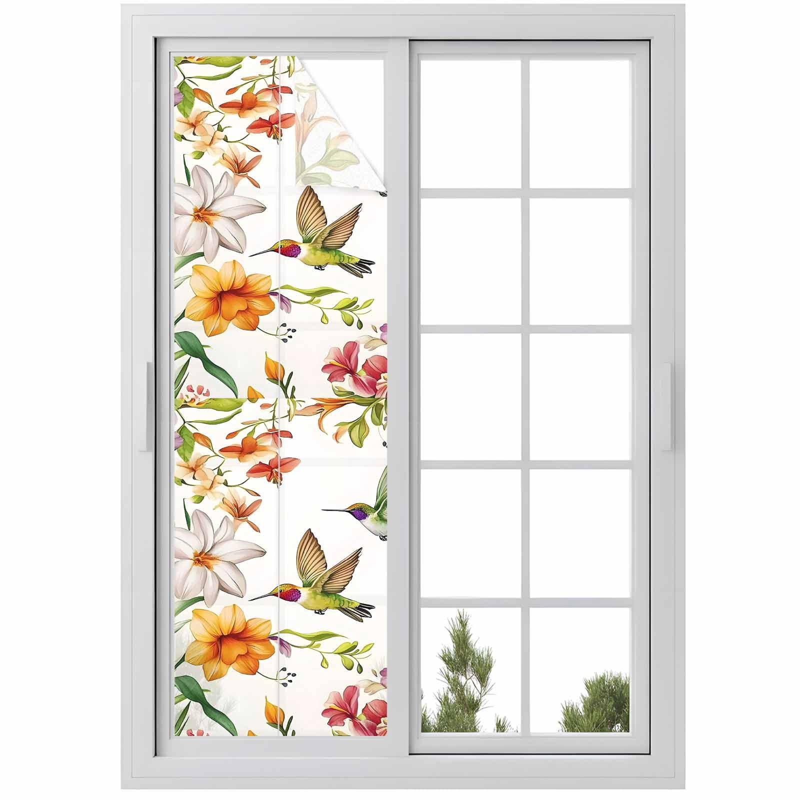 No Glue Heat Blocking Window Flims, Spring Floral Hummingbird Window Privacy Film Frosted, Pastoral Rustic Botanical Flowers Peep-proof Door Windows Tint for Bathroom, Dormitory, 17.7 x 78.7 Inches