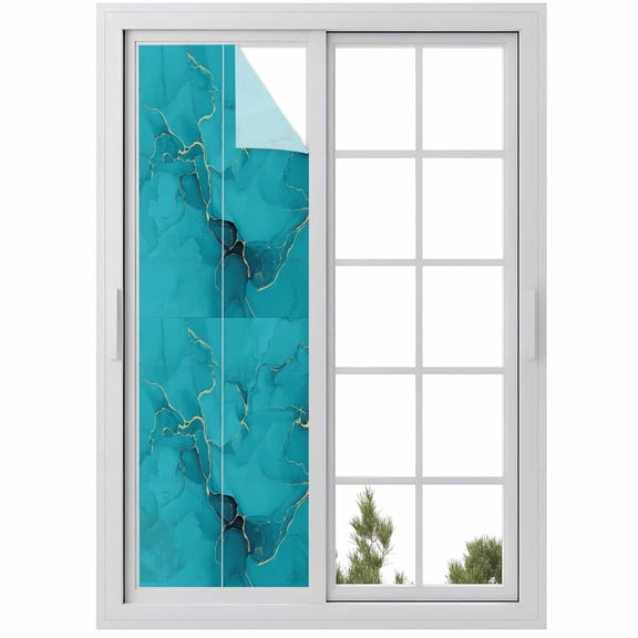 No Glue Heat Blocking Window Flims, Teal Marble Window Privacy Film Frosted, Turquoise Marble Crack Abstract Modern Art Peep-proof Door Windows Tint for Bathroom, Dormitory, 17.7 x 78.7 Inches