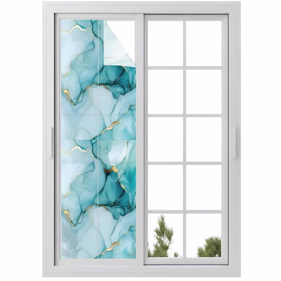 No Glue Heat Blocking Window Flims, Turquoise Marble Window Privacy Film Frosted, Abstract Modern Art Marble Crack Peep-proof Door Windows Tint for Bathroom, Dormitory, 17.7 x 78.7 Inches