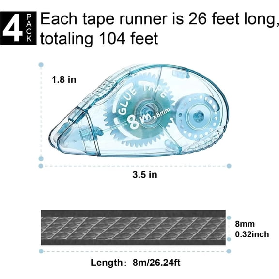Glue Tape for Scrapbooking, Pack of 4 Scrapbook Tape, Double Sided Tape Roller for Crafts, 26 Ft x 0.31 in Tape Runner, Craft Supplies for Scrapbooking, Gift Wrapping and Photo Tape.