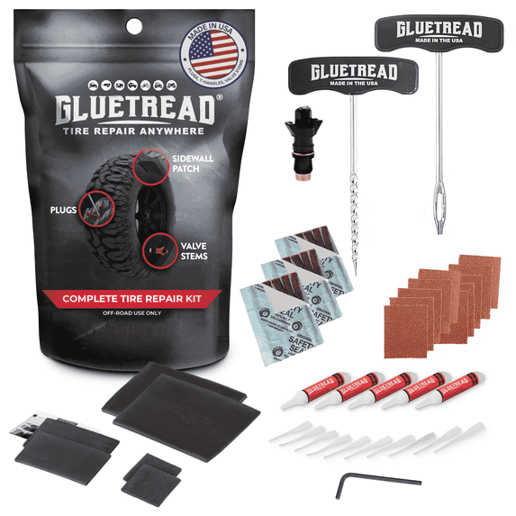 GlueTread Complete Off-Road Tire Repair Kit, Sidewall Tire Repair Patches, Tire Plugs & Colby Emergency Valve Stem Replacement