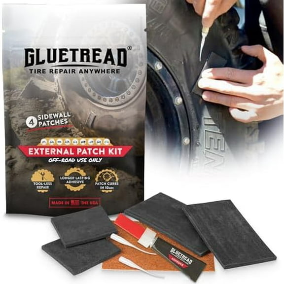 GlueTread External Patch Kit - for Tubeless Tires - No Need to Remove Tire - Kit Includes Enough Material to Patch 4 Tires - ATV Sidewall Repair Kit