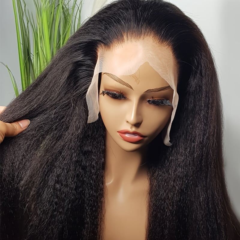 Glueless 30 Inch Kinky Straight Natural Black Yaki Synthetic Hair 180%Density|Lace Front Wig | Preplucked Baby Hair & Heat Resistant | Daily Wig for Women)