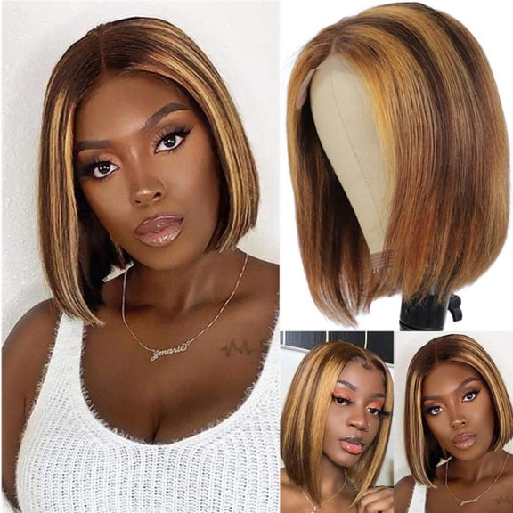 Glueless Short Wavy Bob Synthetic Lace Front Wig for Women - Pre-Cut T-Lace, Natural Hairline & Dark Roots, Beginner-Friendly, Breathable, Fluffy Volume for Daily Party Cosplay