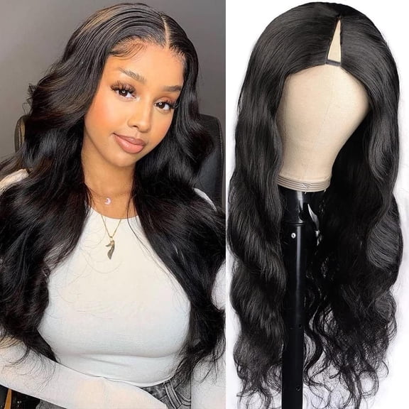 Glueless V Part Wig Human Hair Body Wave for Black Women Upgrade U Part Human Hair Wig with Drawstring 100% Beginner Friendly No Sew In No Glue 180% Density Natural Color (18 inch)