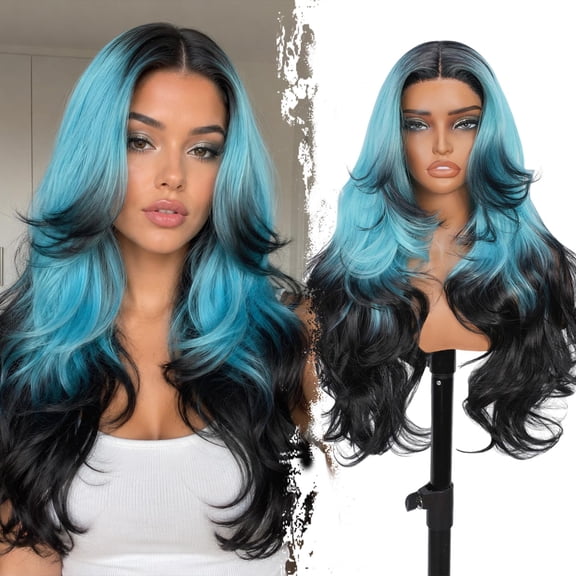 Glueless Wig Ombre Teal Black Synthetic Wigs 28 Inch Layered Wig | 13x4x1 HD Lace, Long Wigs for Women, Pre Plucked and Pre Cut Glueless Wigs, Glueless Synthetic Wig, Synthetic Lace Front Wig