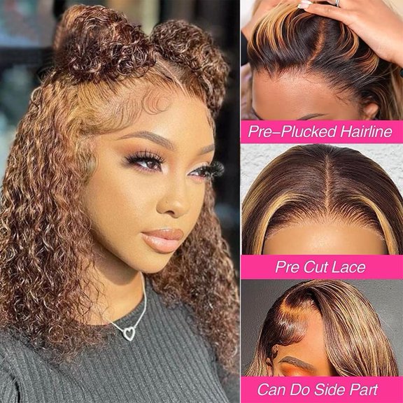 Glueless Wigs Hair pre plucked Pre Cut Blonde Highlights Short Curly Bob Lace Front Wigs for Black Women 5x5 Lace Closure Wig with Elastic Band for Beginners 14 Inch Highlight color 14 Inch